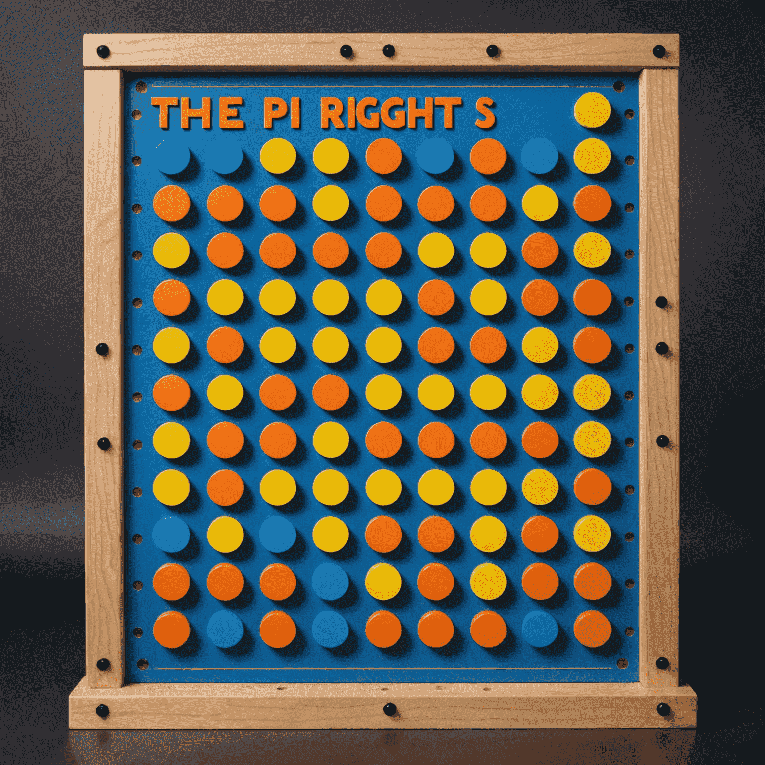 A classic Plinko board from 'The Price is Right' TV show, with its distinctive blue and orange color scheme and pegs arranged in a triangular pattern