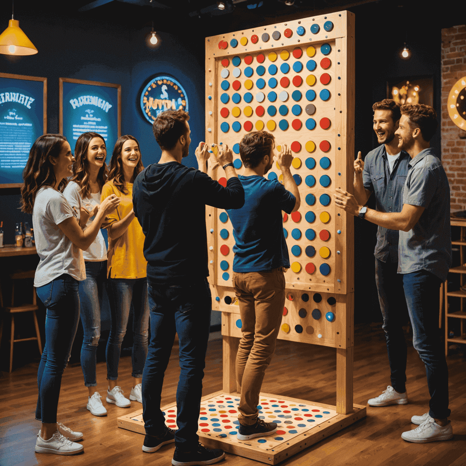 A group of friends gathered around a large Plinko board, cheering and competing in a tournament setting. The board is brightly lit with colorful pegs and multiple drop zones.
