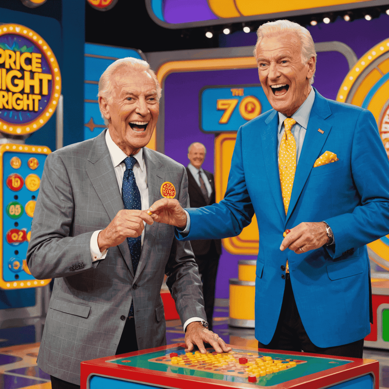 A contestant on 'The Price is Right' dropping a Plinko chip, with the host Bob Barker standing nearby, both looking excited