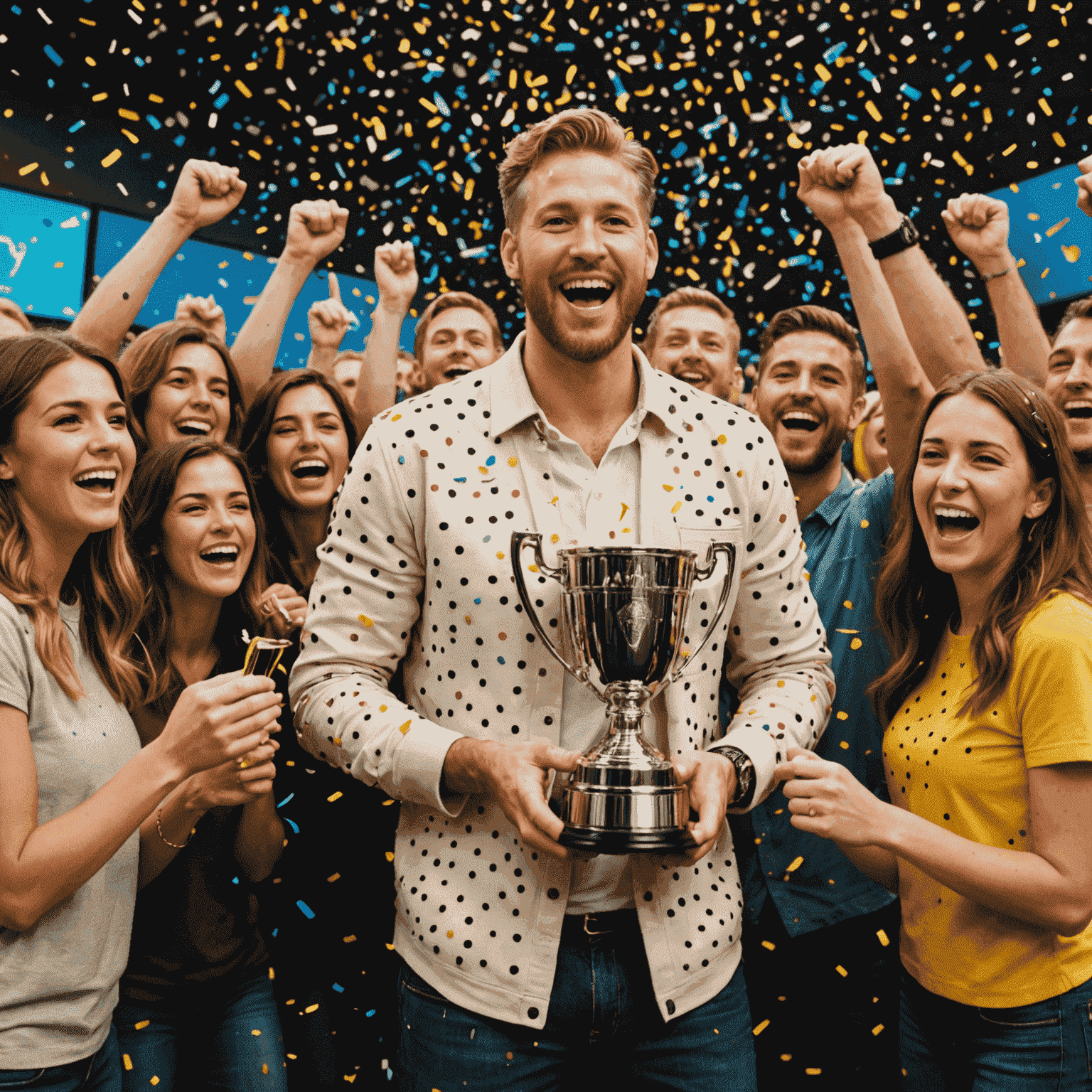 A celebratory scene showing the winner of a Plinko tournament holding a trophy, surrounded by friends and confetti, with the PlinkoForce logo prominently displayed in the background.