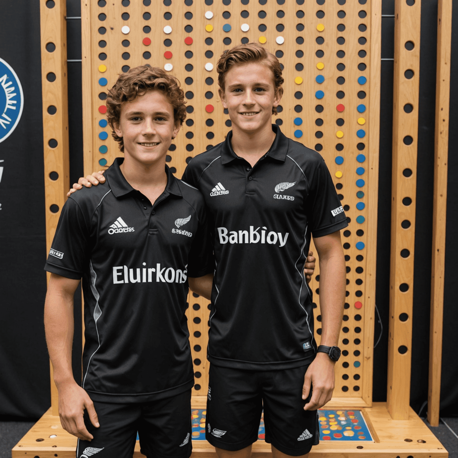 A young New Zealand player standing proudly next to a large Plinko board, holding a trophy