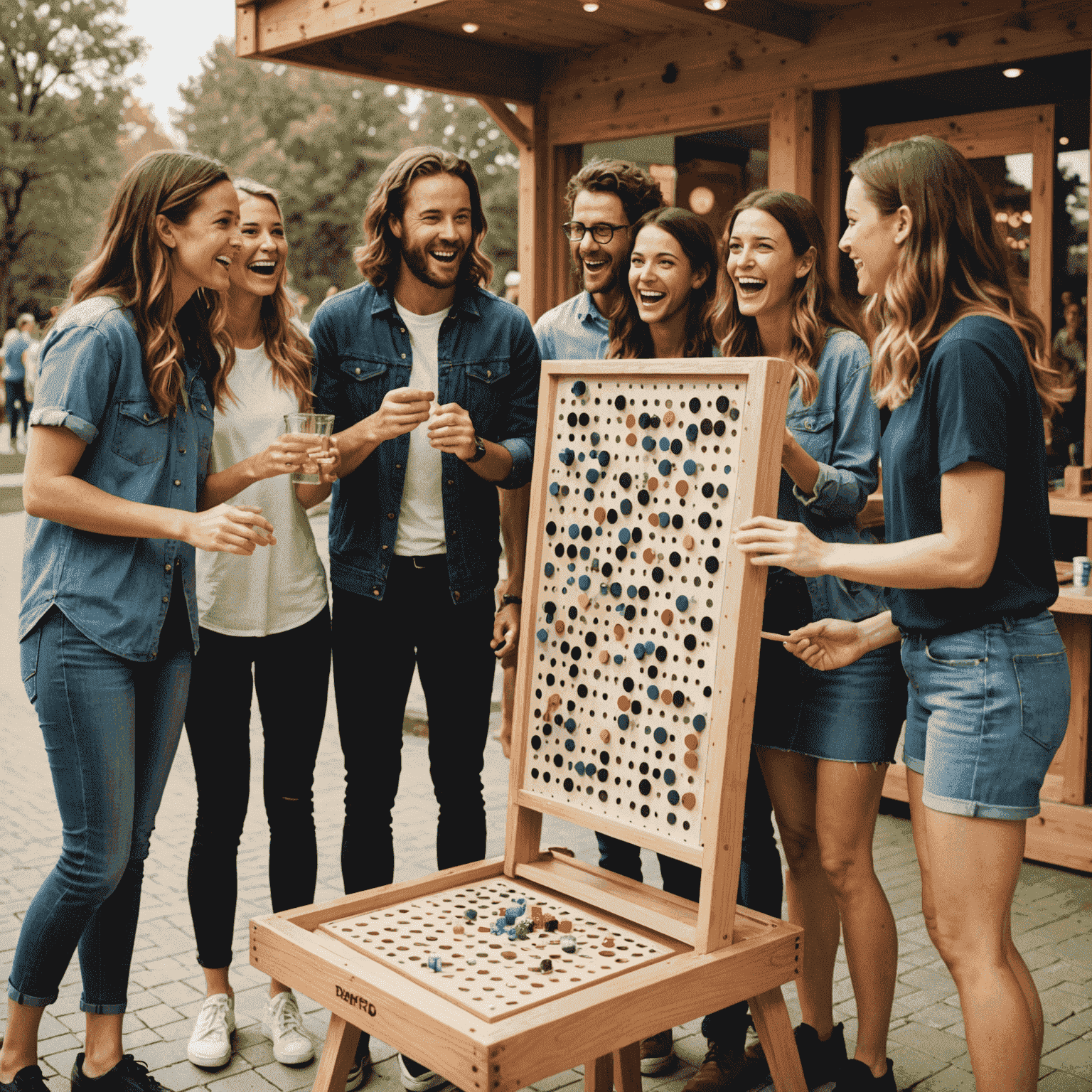 A group of friends gathered around a Plinko board, cheering and competing in a lively tournament setting