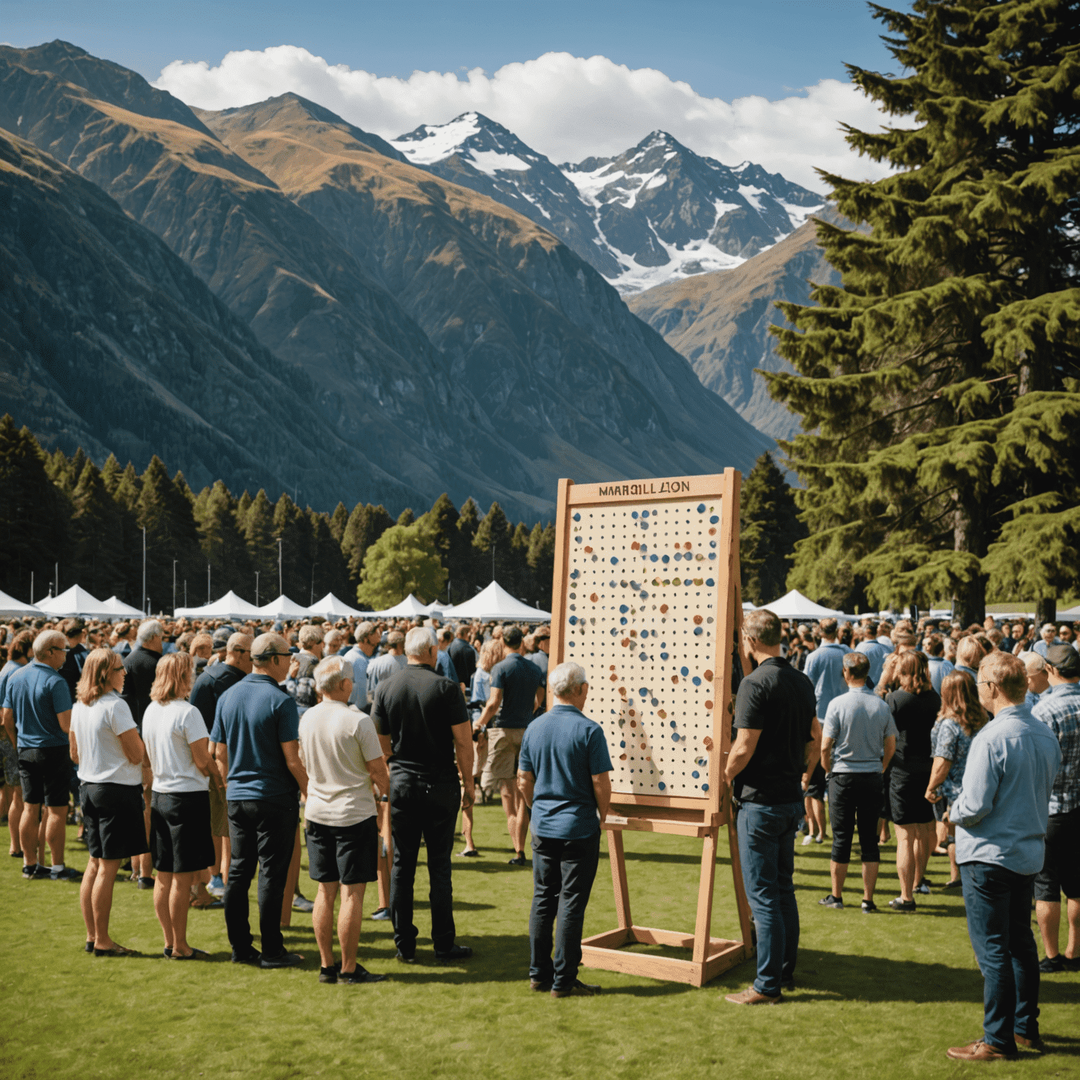 A large crowd gathered around multiple Plinko boards in an outdoor New Zealand setting, with mountains in the background