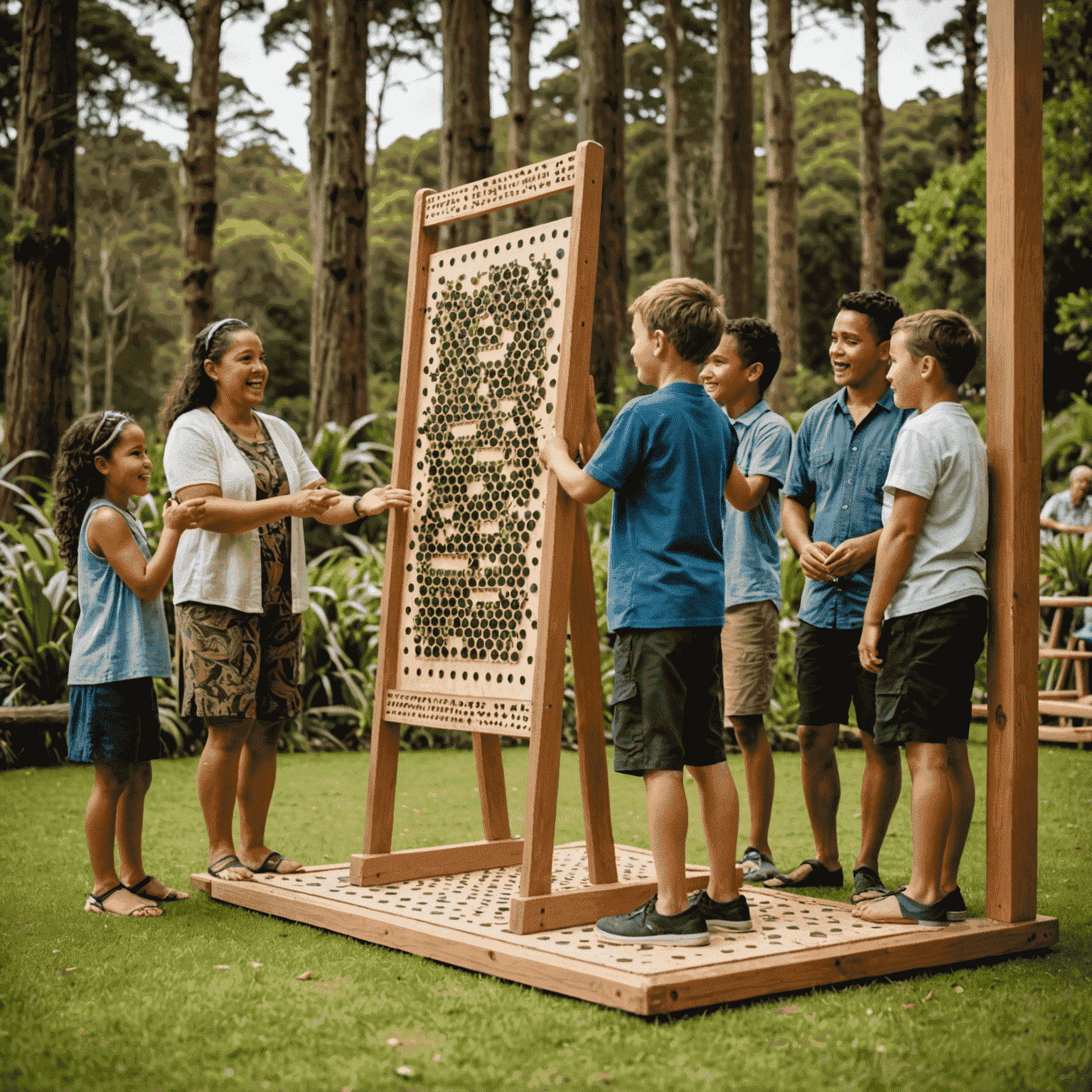 Families and friends playing on various Plinko boards set up in a lush New Zealand park, with a traditional Maori performance in the background